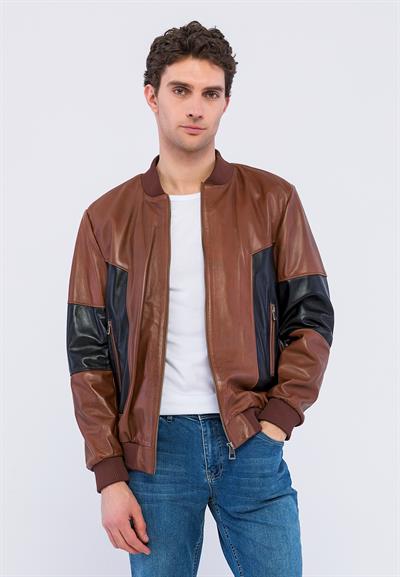 basics and more Basics&More Men College Chestnut/Black Leather Jacket - YNS44