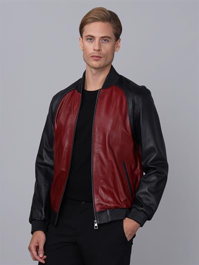 Basics And More Basics&More Men College Navy/Burgundy Leather Jacket - ES506