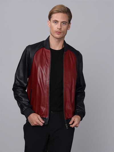 basics and more Basics&More Men College Navy/Burgundy Leather Jacket - ES506