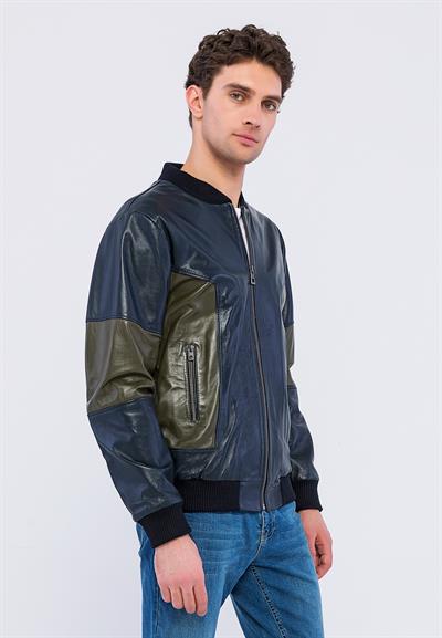 Basics And More Basics&More Men College Navy/Khaki Leather Jacket - YNS44