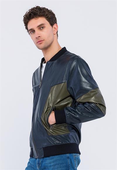 Basics And More Basics&More Men College Navy/Khaki Leather Jacket - YNS44