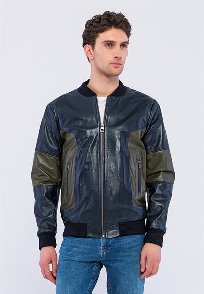 Basics And More Basics&More Men College Navy/Khaki Leather Jacket - YNS44
