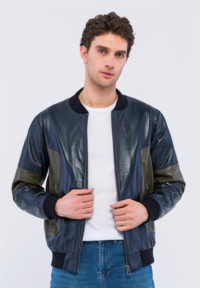 basics and more Basics&More Men College Navy/Khaki Leather Jacket - YNS44