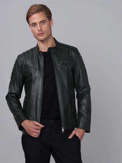 Basics And More Basics&More Men Green Leather Jacket - CMSE105