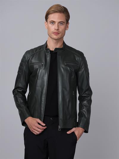 basics and more Basics&More Men Green Leather Jacket - CMSE105