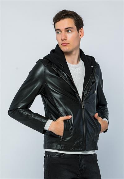 Basics And More Basics&More Men Hooded Black Leather Jacket - E88K