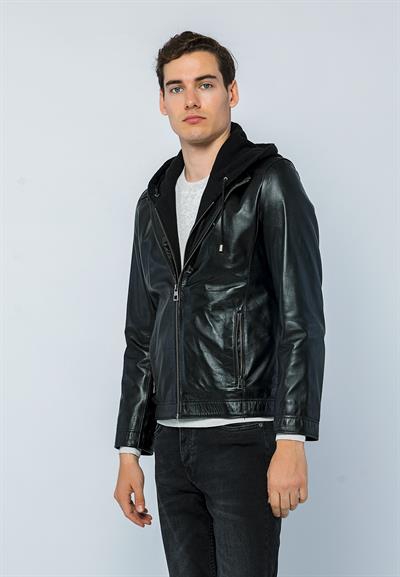 Basics And More Basics&More Men Hooded Black Leather Jacket - E88K