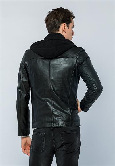 Basics And More Basics&More Men Hooded Black Leather Jacket - E88K