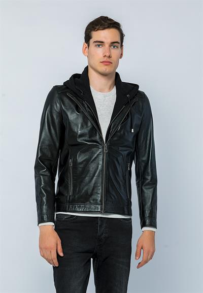 basics and more Basics&More Men Hooded Black Leather Jacket - E88K