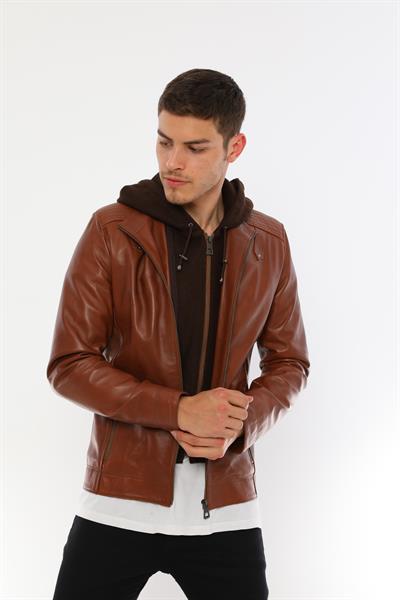 Basics And More Basics&More Men Hooded Chestnut Leather Jacket - E88K