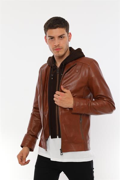 Basics And More Basics&More Men Hooded Chestnut Leather Jacket - E88K