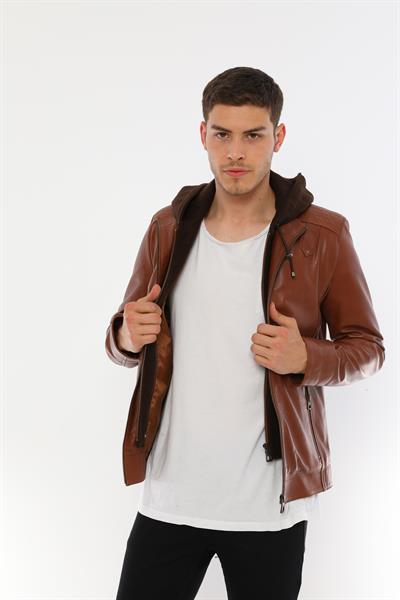 Basics And More Basics&More Men Hooded Chestnut Leather Jacket - E88K