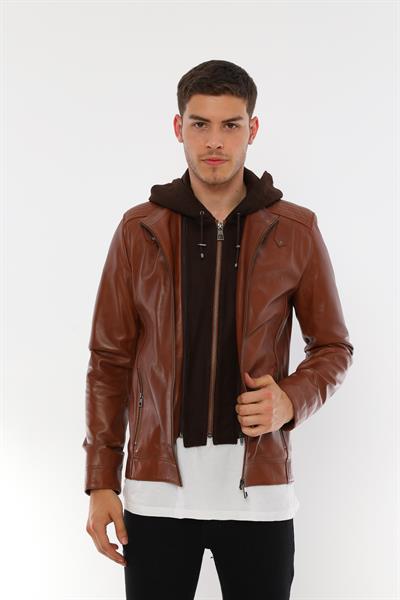 basics and more Basics&More Men Hooded Chestnut Leather Jacket - E88K
