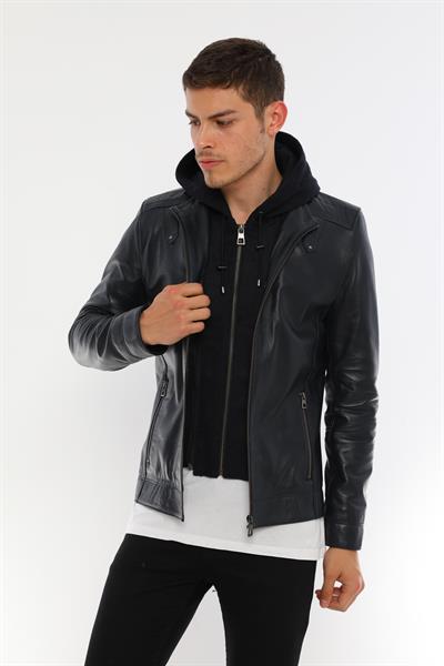 Basics And More Basics&More Men Hooded Dark Blue Leather Jacket - E88K