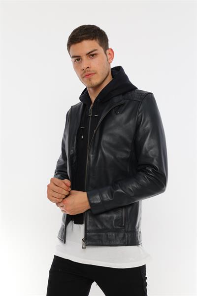Basics And More Basics&More Men Hooded Dark Blue Leather Jacket - E88K
