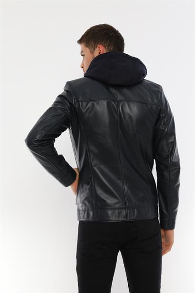 Basics And More Basics&More Men Hooded Dark Blue Leather Jacket - E88K