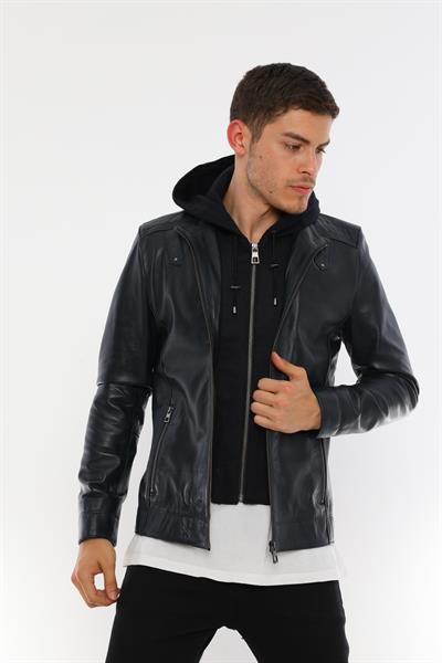 basics and more Basics&More Men Hooded Dark Blue Leather Jacket - E88K