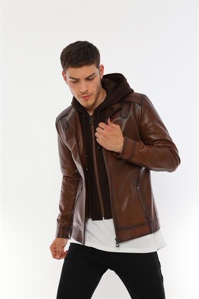 Basics And More Basics&More Men Hooded Tea Leather Jacket - E88K