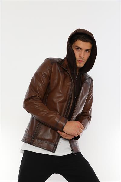 Basics And More Basics&More Men Hooded Tea Leather Jacket - E88K