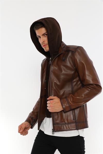 Basics And More Basics&More Men Hooded Tea Leather Jacket - E88K
