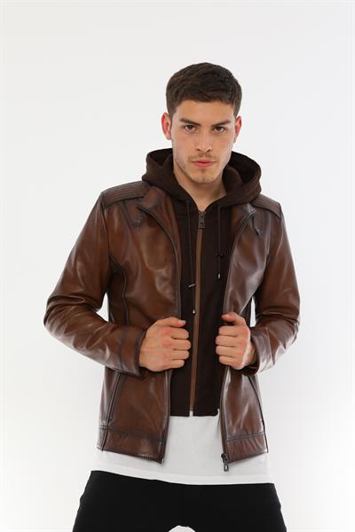 basics and more Basics&More Men Hooded Tea Leather Jacket - E88K