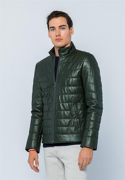 Basics And More Basics&More Men Inflatable Dark Green Leather Jacket - E8488