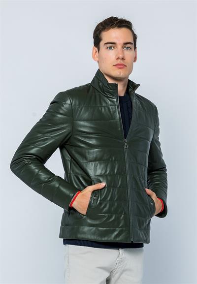 Basics And More Basics&More Men Inflatable Dark Green Leather Jacket - E8488
