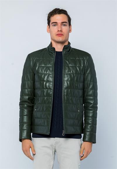 Basics And More Basics&More Men Inflatable Dark Green Leather Jacket - E8488