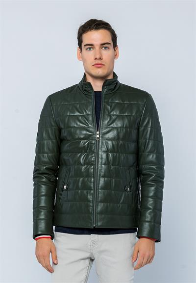 basics and more Basics&More Men Inflatable Dark Green Leather Jacket - E8488