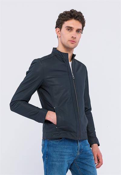 Basics And More Basics&More Men Navy Taffeta Leather Jacket - E130