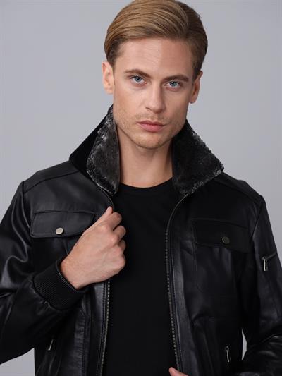 Basics And More Basics&More Men Pilot Model Black Leather Jacket With Fur Collar - ES511