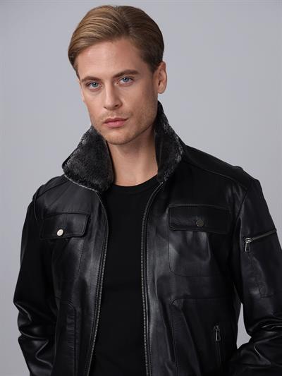 Basics And More Basics&More Men Pilot Model Black Leather Jacket With Fur Collar - ES511