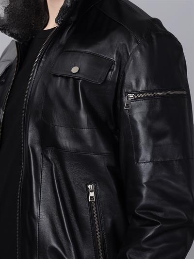 Basics And More Basics&More Men Pilot Model Black Leather Jacket With Fur Collar - ES511