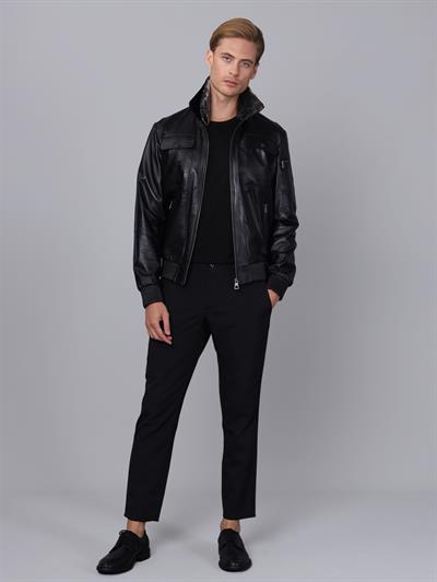 basics and more Basics&More Men Pilot Model Black Leather Jacket with Fur Collar - ES511