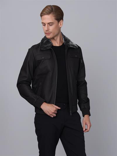 basics and more Basics&More Men Pilot Model Brown Taffeta Leather Jacket with Fur Collar - ES511
