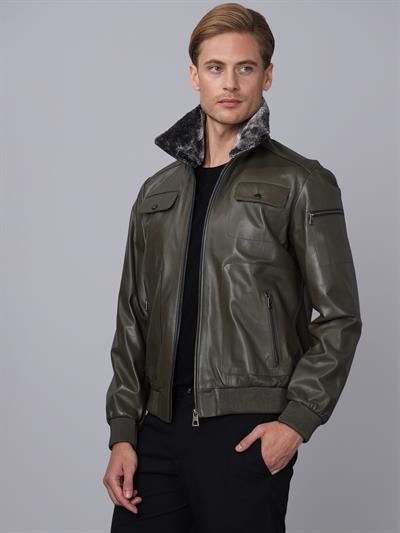 Basics And More Basics&More Men Pilot Model Khaki Leather Jacket With Fur Collar - ES511