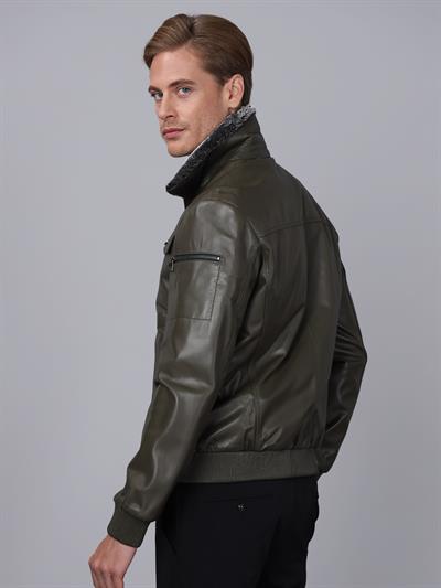 Basics And More Basics&More Men Pilot Model Khaki Leather Jacket With Fur Collar - ES511