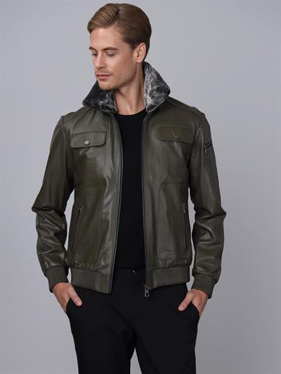Basics And More Basics&More Men Pilot Model Khaki Leather Jacket With Fur Collar - ES511