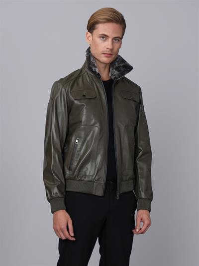 basics and more Basics&More Men Pilot Model Khaki Leather Jacket with Fur Collar - ES511