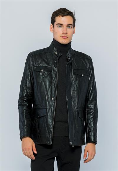 basics and more Basics&More Men Pocket Quilted Black Leather Jacket - Ronaldo