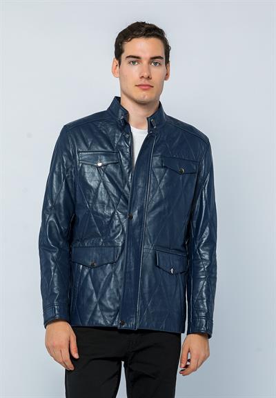 Basics And More Basics&More Men Pocket Quilted Dark Blue Leather Jacket - Ronaldo