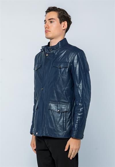 Basics And More Basics&More Men Pocket Quilted Dark Blue Leather Jacket - Ronaldo