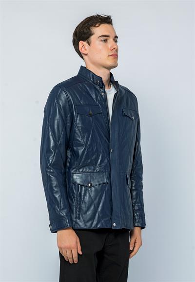 Basics And More Basics&More Men Pocket Quilted Dark Blue Leather Jacket - Ronaldo