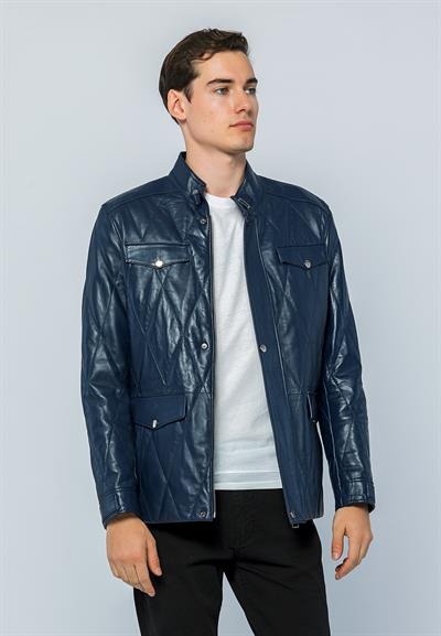 basics and more Basics&More Men Pocket Quilted Dark Blue Leather Jacket - Ronaldo