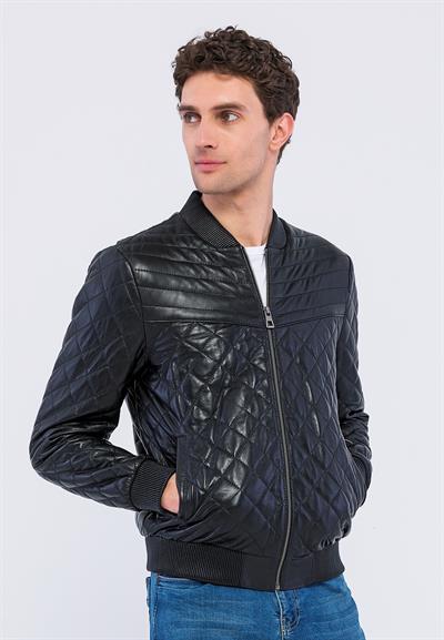 Basics And More Basics&More Men Quilted Black Genuine Leather Jacket - YNS45