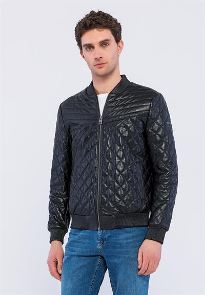 Basics And More Basics&More Men Quilted Black Genuine Leather Jacket - YNS45