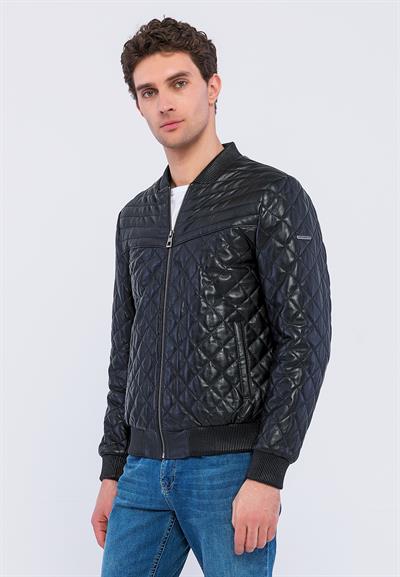 Basics And More Basics&More Men Quilted Black Genuine Leather Jacket - YNS45