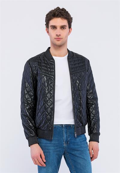 basics and more Basics&More Men Quilted Black Genuine Leather Jacket - YNS45