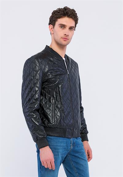 Basics And More Basics&More Men Quilted Black Leather Jacket - E10031