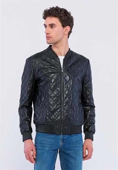 basics and more Basics&More Men Quilted Black Leather Jacket - E10031